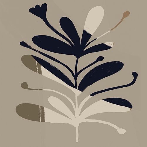 Abstract minimalistisch botanisch. Blad in zwart, wit, bruin.