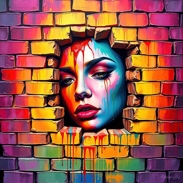 Abstract face - In the stream of colours from the wall, carried by inner movement and quiet melancholy (2 of 3) by AidasignArt