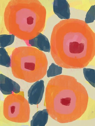 Abstract botanisch. Boho bloemen in oranje, roze, blauw en geel.