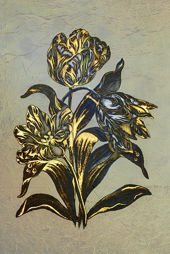 Tulp in warm Blauw, Goud en Brons.