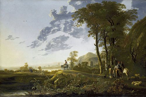 Een avondlandschap met figuren en schapen, Aelbert Cuyp