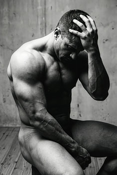 Seated Nude Muscular Man in Black and White