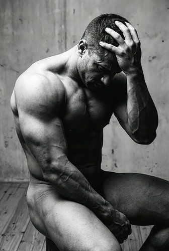 Zittende naakte gespierde man in zwart-wit