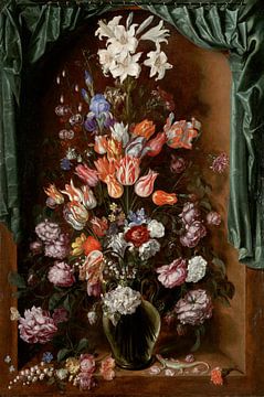 Vaas met bloemen en een gordijn, Jacob de Gheyn (II)