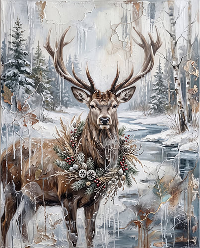 Majestic stag with a winter wreath