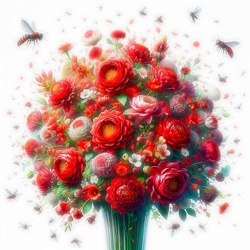 Vaas rode bloemen met insecten van Digital Art Nederland