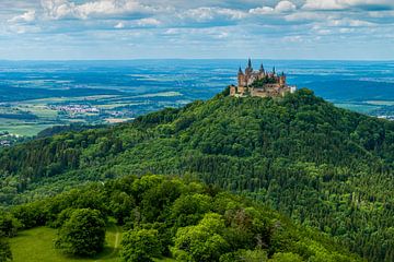 Gezicht op kasteel Hohenzollern op een heuvel, omgeven door bossen van Hans-Heinrich Runge