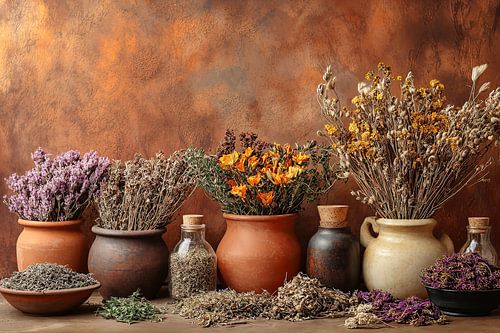Gedroogde kruiden in aardewerk potten