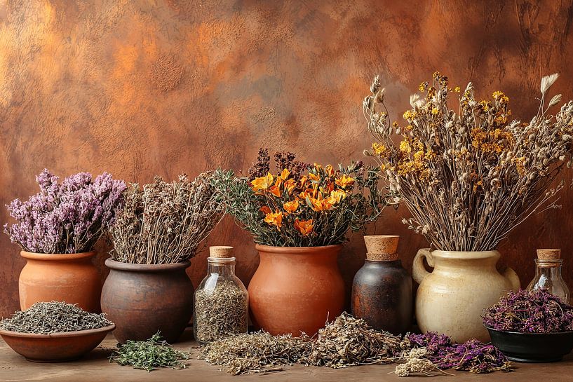 Dried herbs in earthenware pots by Imperial Art House