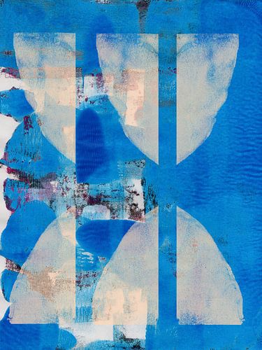 Witte vormen op blauw. Hedendaagse kunst.