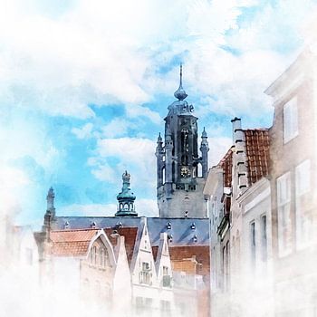 Aquarelafbeelding Stadhuis Middelburg van de Vlasmarkt