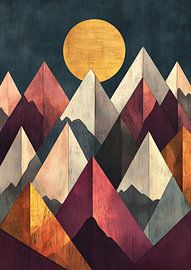 Art Deco Landscape Mountains Moon Red Blue Gold by Niklas Maximilian