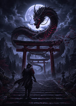 Samurai tegenover een reusachtige draak boven een torii-poort, in een maanverlichte nacht