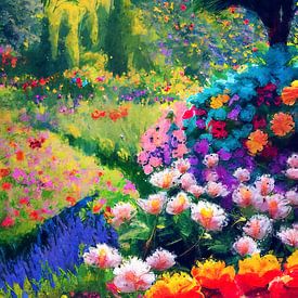 Garden full of colourful flowers (art, painting) by Art by Jeronimo