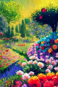 Jardin plein de fleurs colorées (art, peinture)