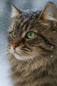 Winterportret van een kat met groene ogen in de sneeuw van Diya Dubois
