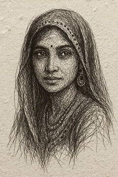 Rajasthan vrouw met ghoonghat sluier (draad portret dame India traditioneel mysterieus sieraden bindi)
