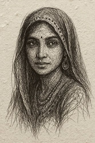 Rajasthan vrouw met ghoonghat sluier (draad portret dame India traditioneel mysterieus sieraden bindi)