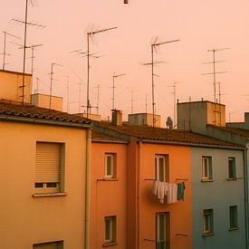 Luchtballon boven pastelwoningen – zachte avondlucht met warme kleuren van But First Framing