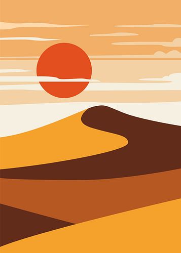 De minimalistische schoonheid van woestijnduinen bij een ondergaande zon.