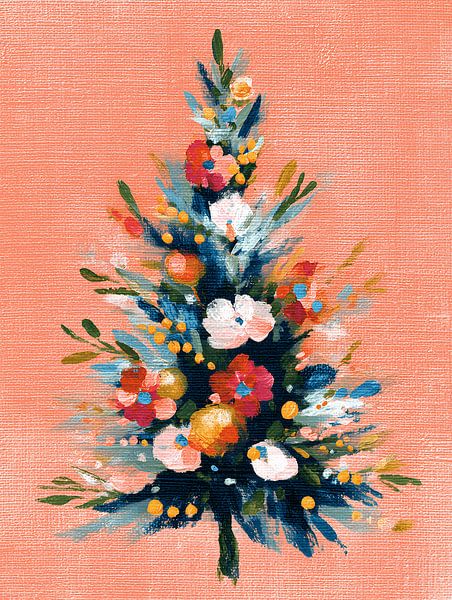 Colourful Christmas Tree on Pink Background by Gypsy Galleria