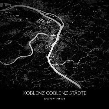Carte en noir et blanc de Coblenz Coblenz Städte, Rheinland-Pfalz, Allemagne. sur Rezona