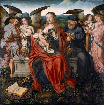 De heilige familie met muziekmakende engelen