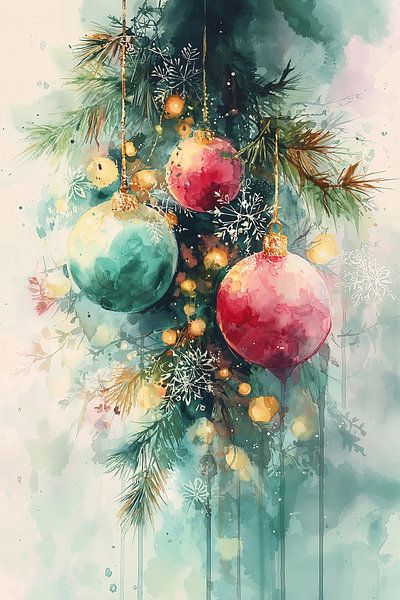 Une aquarelle représentant des décorations de Noël aux douces nuances turquoise et rose chaud, entourées de branches de pin et de lumières dorées. La technique fluide de l'aquarelle crée une interprétation moderne et onirique des décorations de Noël classiques, où les couleurs se fondent subtilement sur un fond clair de délicats flocons de neige. par Studio BB