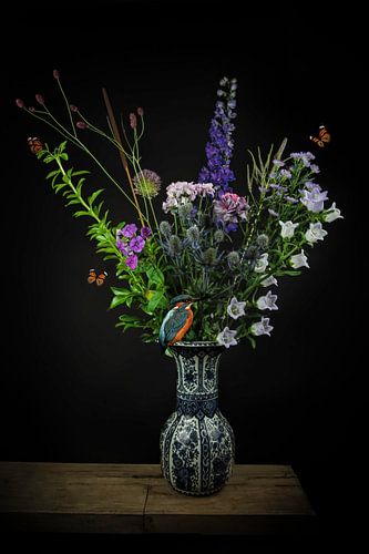 Still life bouquet of flowers: "Kingfisher with butterflies"