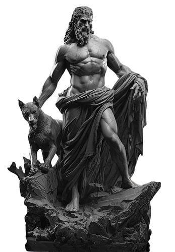 Hades und sein Hund: Dunkle mythologische Gravur