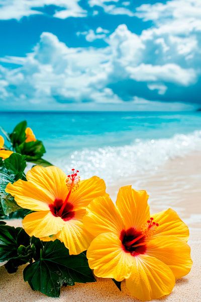 Tropischer Strand mit Hibiskusblüten von Poster Art Shop