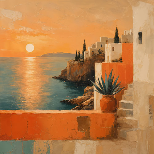 Ein goldenes Küstendorf am Mittelmeer bei Sonnenuntergang