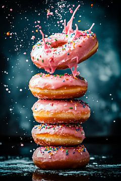 Felroze donuts in een douche van spray van Poster Art Shop