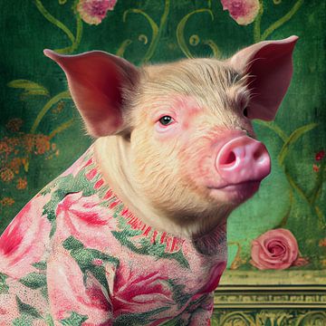 Piglet in floral sweater portrait by Vlindertuin Art