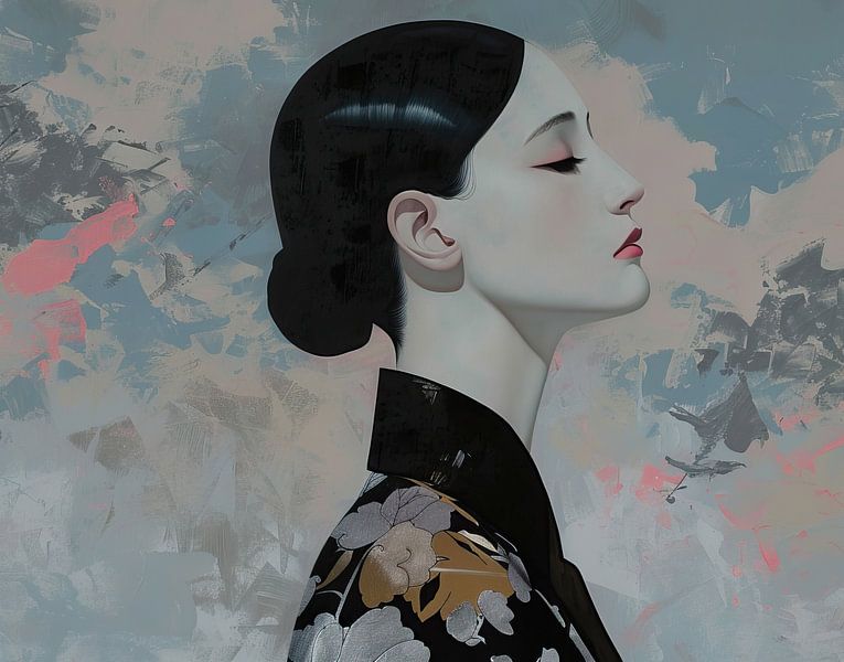 Geisha | Serene Silhouette van Abstract Schilderij