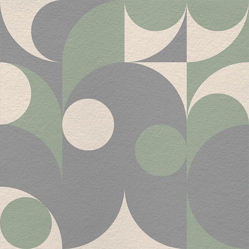 Art moderne abstrait minimaliste avec des formes géométriques dans les tons menthe, gris et blanc.