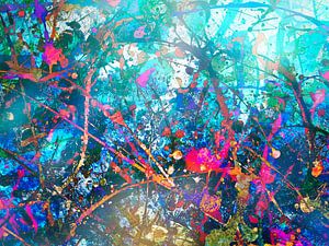 Art numérique moderne et abstrait en bleu, orange et rouge sur Art By Dominic