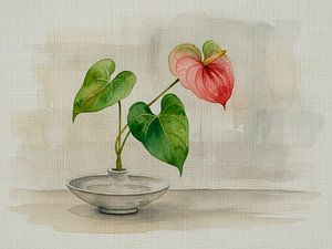 Japanisches Stillleben: Vase mit Anthurium im Ikebana-Stil