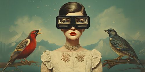 Bizarre artistic image featuring a beautiful woman and birds