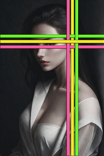 Through Colored Bars – Vrouwenportret Achter Kleurrijke Balken | Abstracte Kleurrijke Digitale Kunst