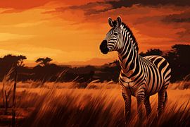 Zebra in der Savanne mit orangefarbenem Sonnenuntergang