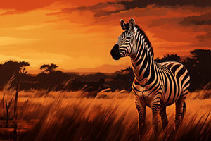 Zebra in der Savanne mit orangefarbenem Sonnenuntergang