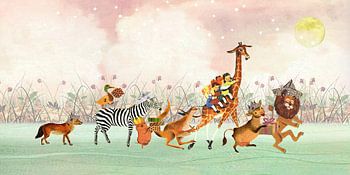 Tierparade mit Mond und Sternen