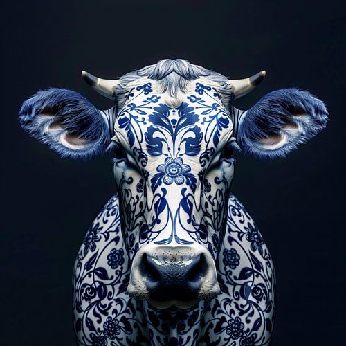 Portrait de vache en porcelaine bleue de Delft