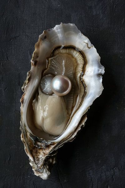 Oyster with a shimmering pearl with dark background by Digitale Schilderijen