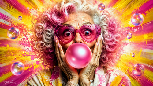 Grand-mère pop art avec une bulle de chewing-gum – Portrait coloré dans le style bande dessinée