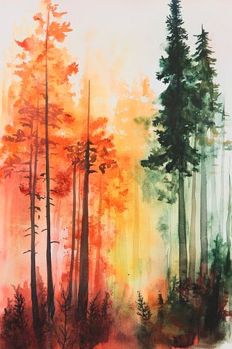 Herfstig boslandschap in aquarel