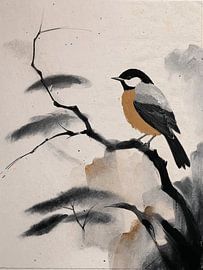 A charming, minimalist great tit perched on a gnarled pine branch by Studio Pieternel