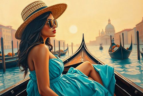 Stylish woman in gondola in Venice, Italy