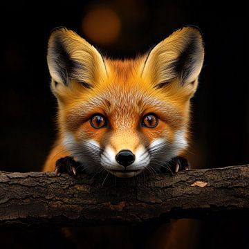 Close-Up Portrait of a Cute Red Fox on a Tree
